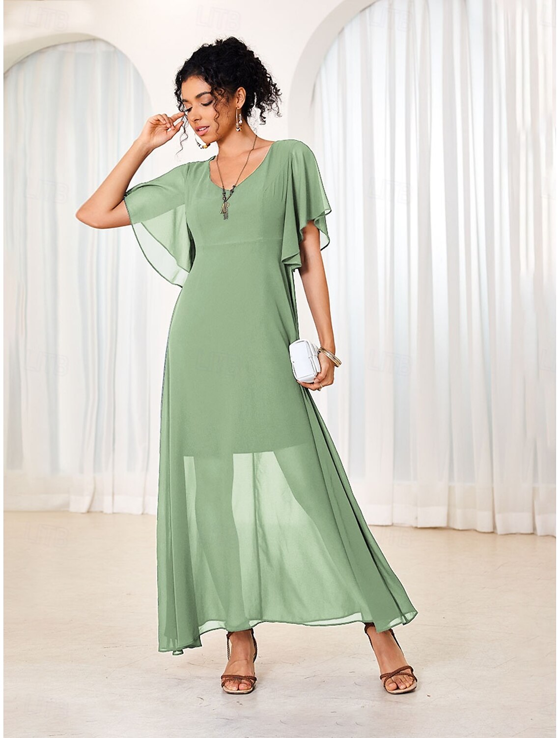 Women's Maxi Dress Elegant Flutter Sleeve Solid Blue Scoop Neck Cinched Waist Flowy Sheer Overlay Formal Event Party Summer