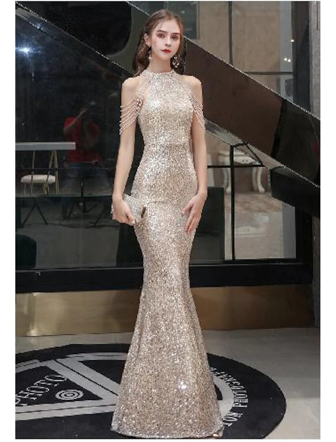 Mermaid Gold Dresses Party Dress Sequin Prom Dress Bodycon Engagement Formal Evening Dress Halter Neck Sleeveless Floor Length with Beads Tassel Masquerade Dress dress to impress