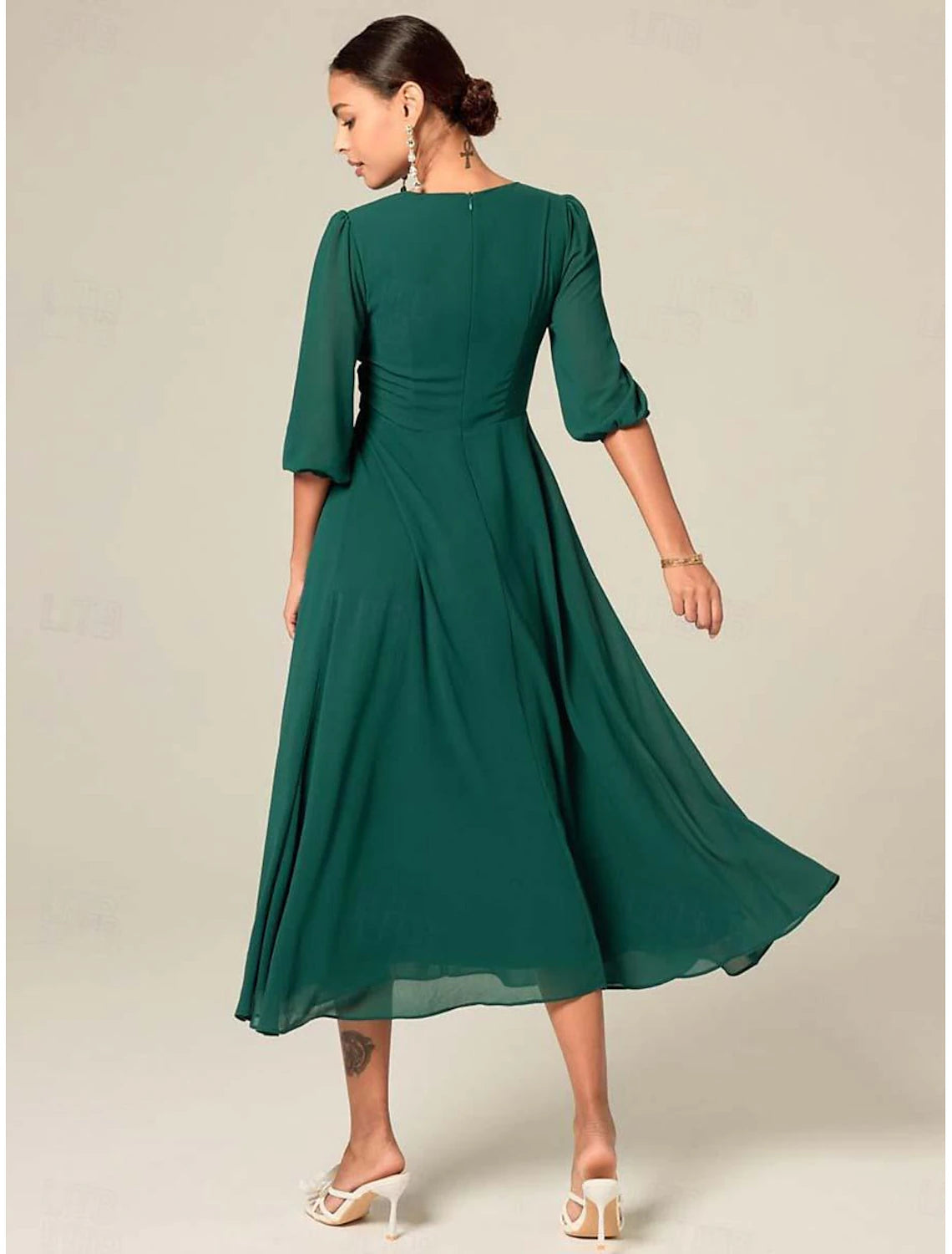 Women's Midi Dress Green Solid Color V-Neck Half Sleeve Ruffled Sophisticated Chic Zip-Back Summer Semi-Formal Wedding Party Evening Elegant Flowy Lightweight Appare