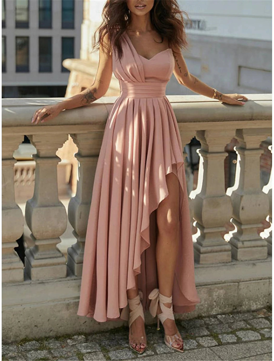 Women's Chiffon Dress Maxi Dress Chiffon Ruffle Backless Wedding Party Wedding Guest Elegant Formal One Shoulder Sleeveless Black Pink Red Color
