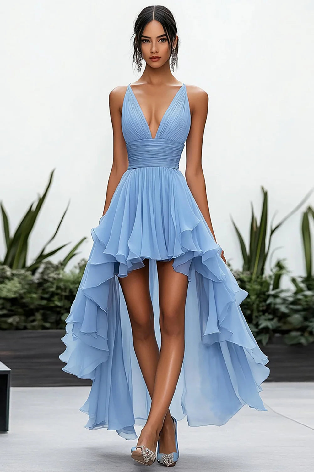Sky Blue V-Neck A Line High-Low Chiffon Prom Dress