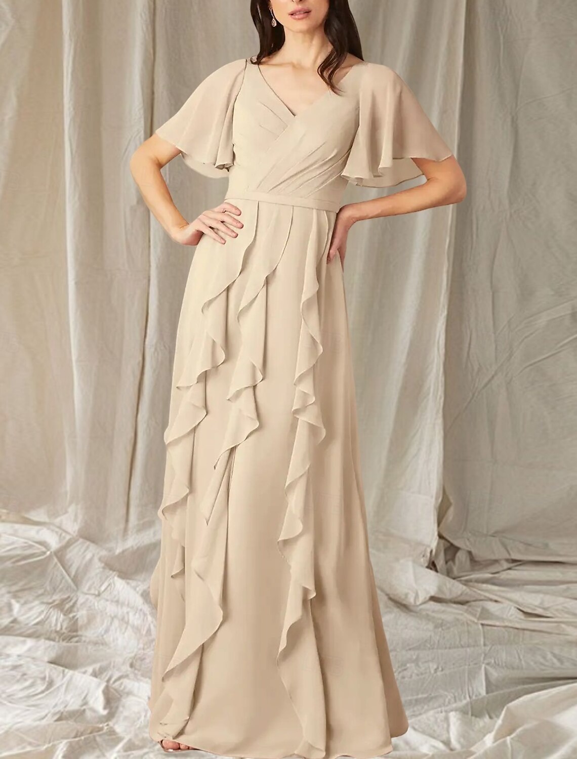 A-Line Mother of the Bride Dress Wedding Guest Elegant Sweet V Neck Floor Length Chiffon Short Sleeve Long Sleeve with Cascading Ruffles Ruching