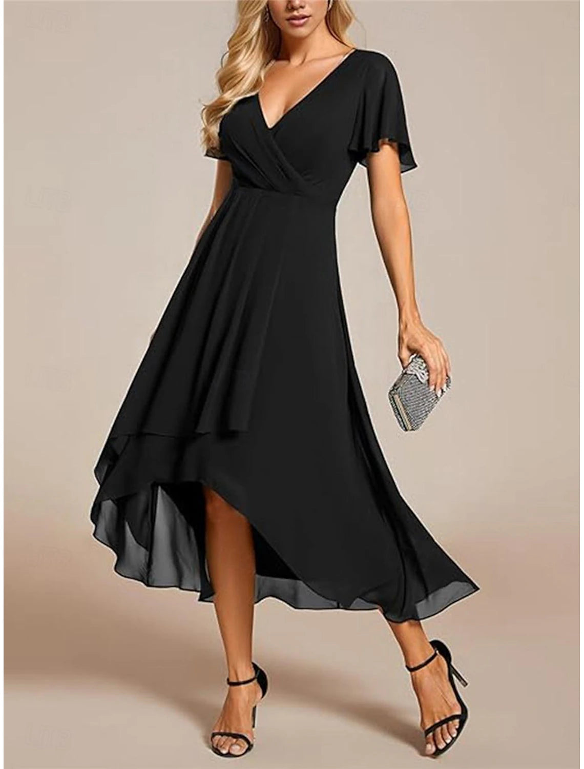 Women's Chiffon Dress Maxi Dress Chiffon Ruffle Work Cocktail Party Elegant Formal V Neck Short Sleeve Black White Pink Color