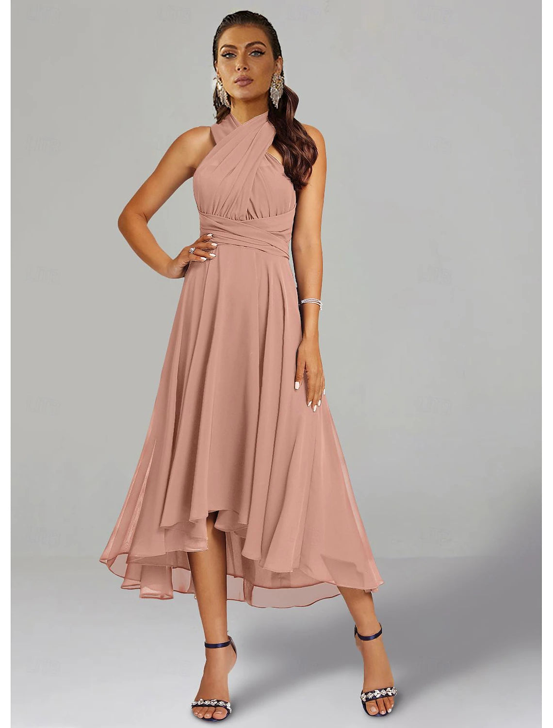 A-Line Wedding Guest Dresses Elegant Dress Formal Wedding Party Tea Length Sleeveless One Shoulder Fall Wedding Guest Chiffon with Ruched