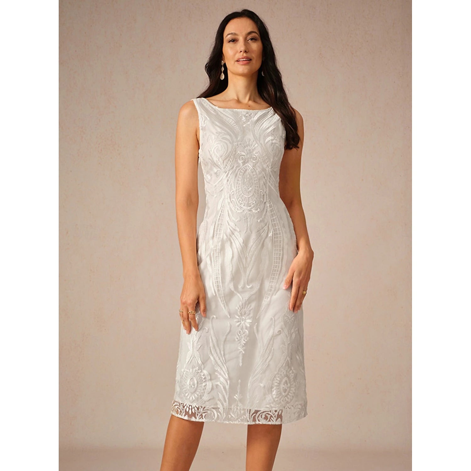 Women's Wedding Guest Cocktail Dress Chiffon Lace Dress Elegant Midi Dress Crew Neck Half Sleeve Green Color