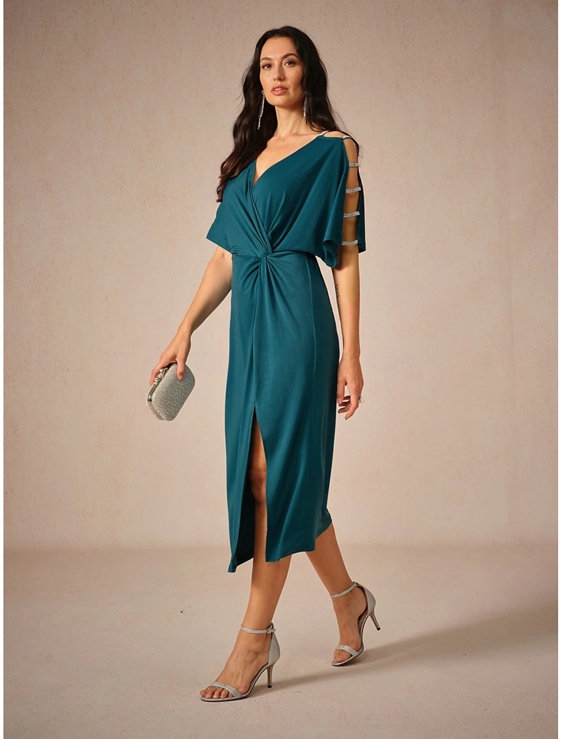 Women's Midi Dress Knit Dress Elegant Stylish Party Date Regular Fit Solid Color Short Sleeve V Neck Ink Blue Summer