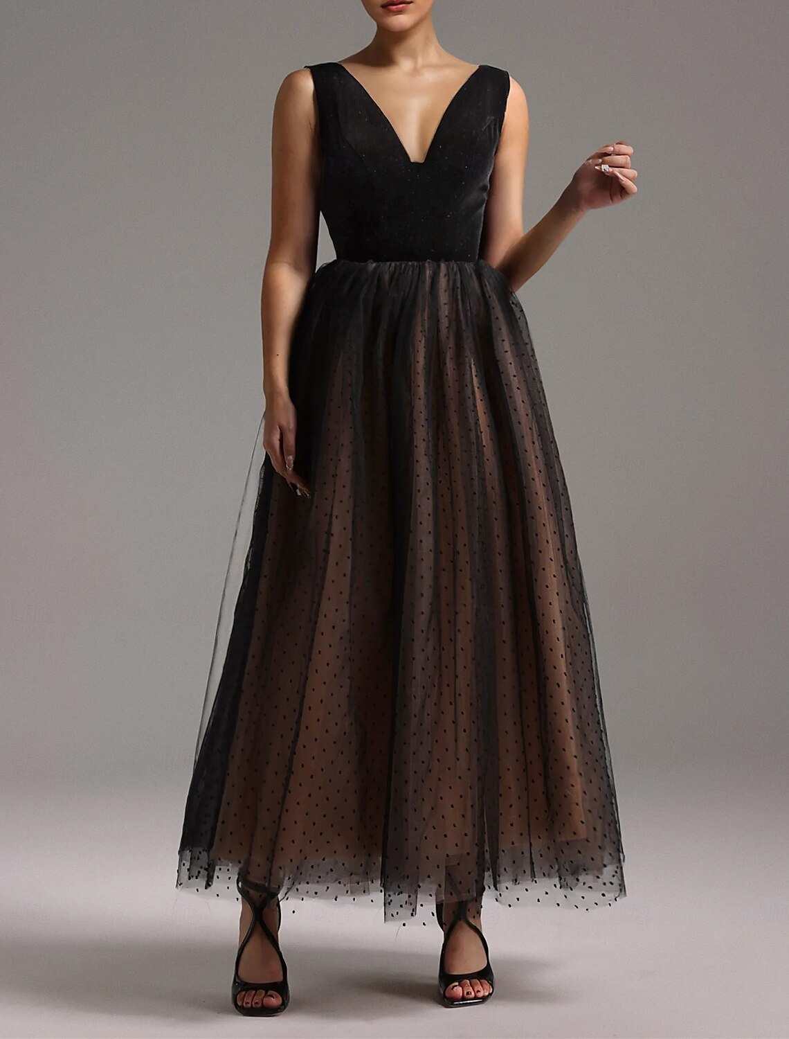 Mermaid / Trumpet Prom Dresses Black Dress Dress Evening Party Prom Ankle Length Sleeveless V Neck Lace Backless with Overskirt Embroidery