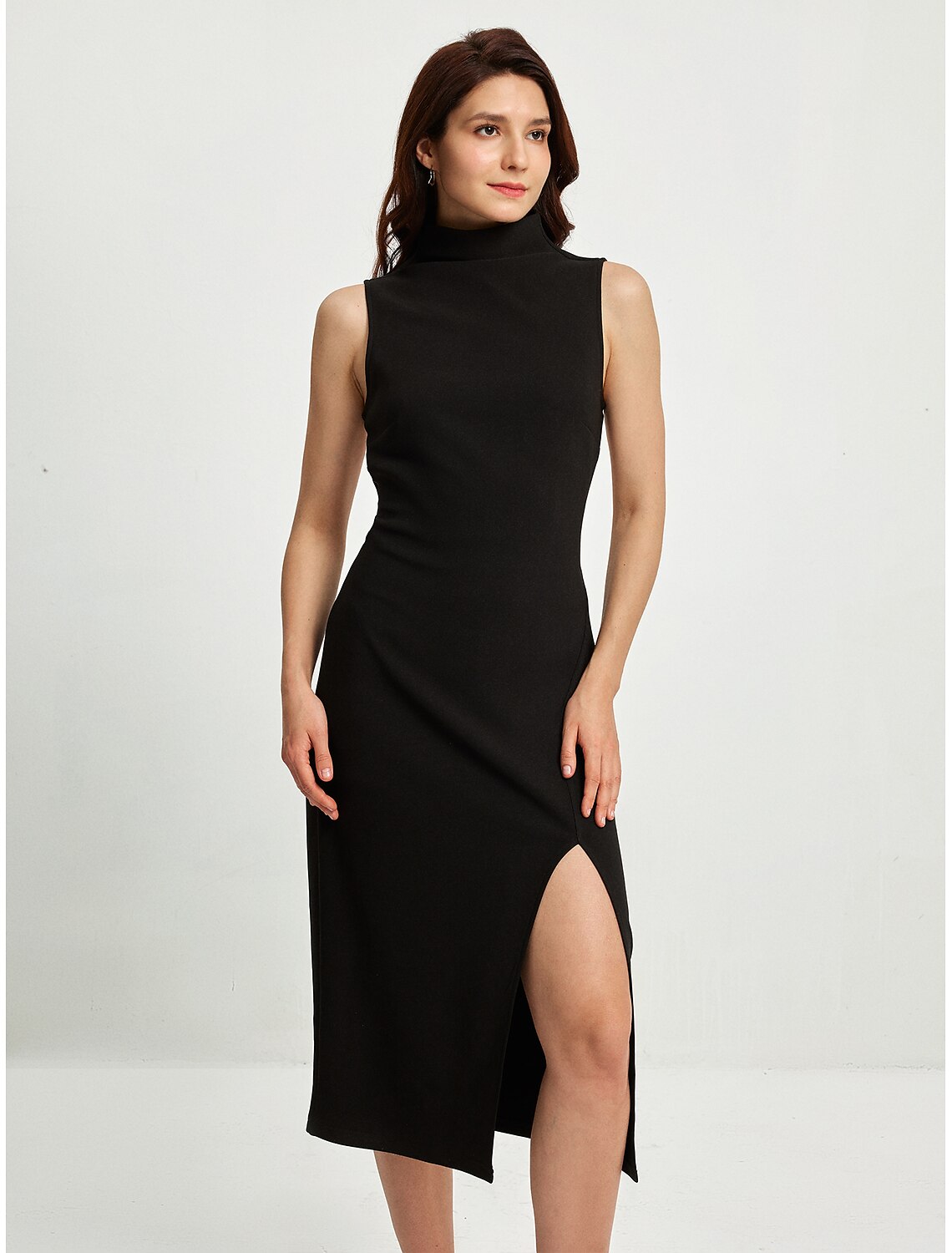 Women's Black Dress Sleeveless High Slit Dress High Neck Midi Party Dress