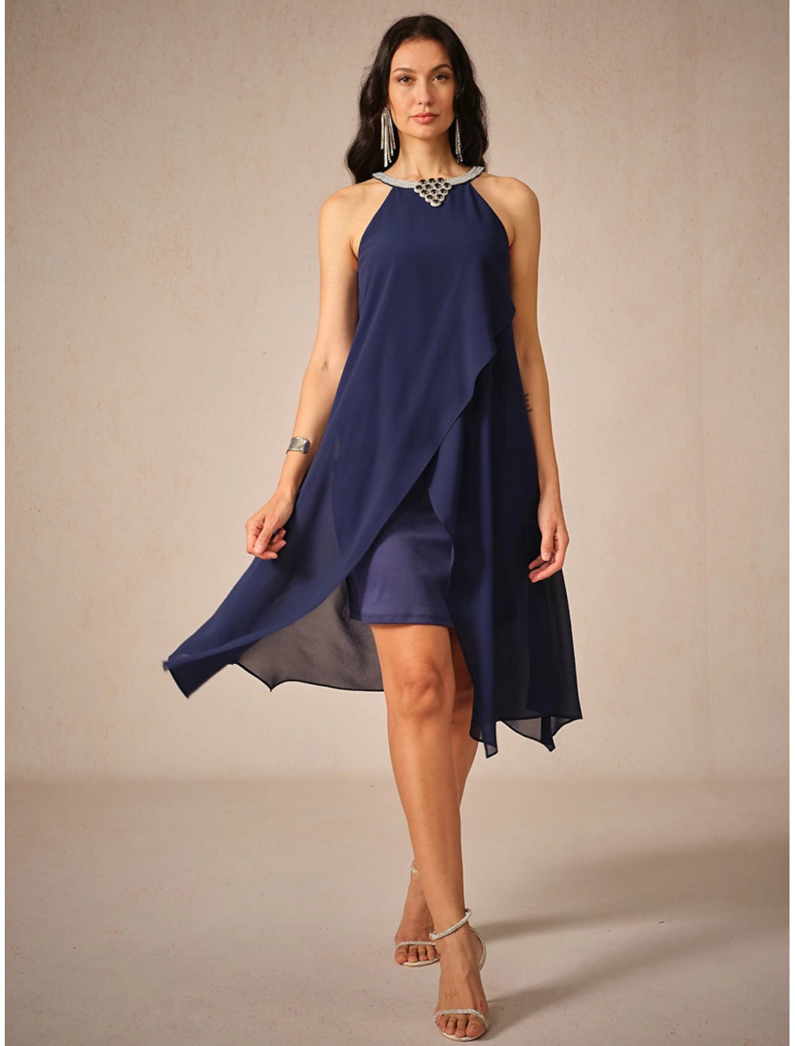 Women's Mini Dress Petite Dress Chiffon Dress Elegant Stylish Flowy Party Date Regular Fit Solid Color Sleeveless Halter Neck Navy Blue Summer