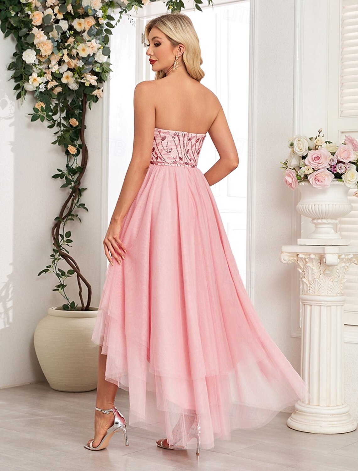 Ball Gown Party Dresses Party Dress Party Wear Cocktail Party Asymmetrical Sleeveless Strapless Pink Dress Tulle Backless with Glitter Embroidery