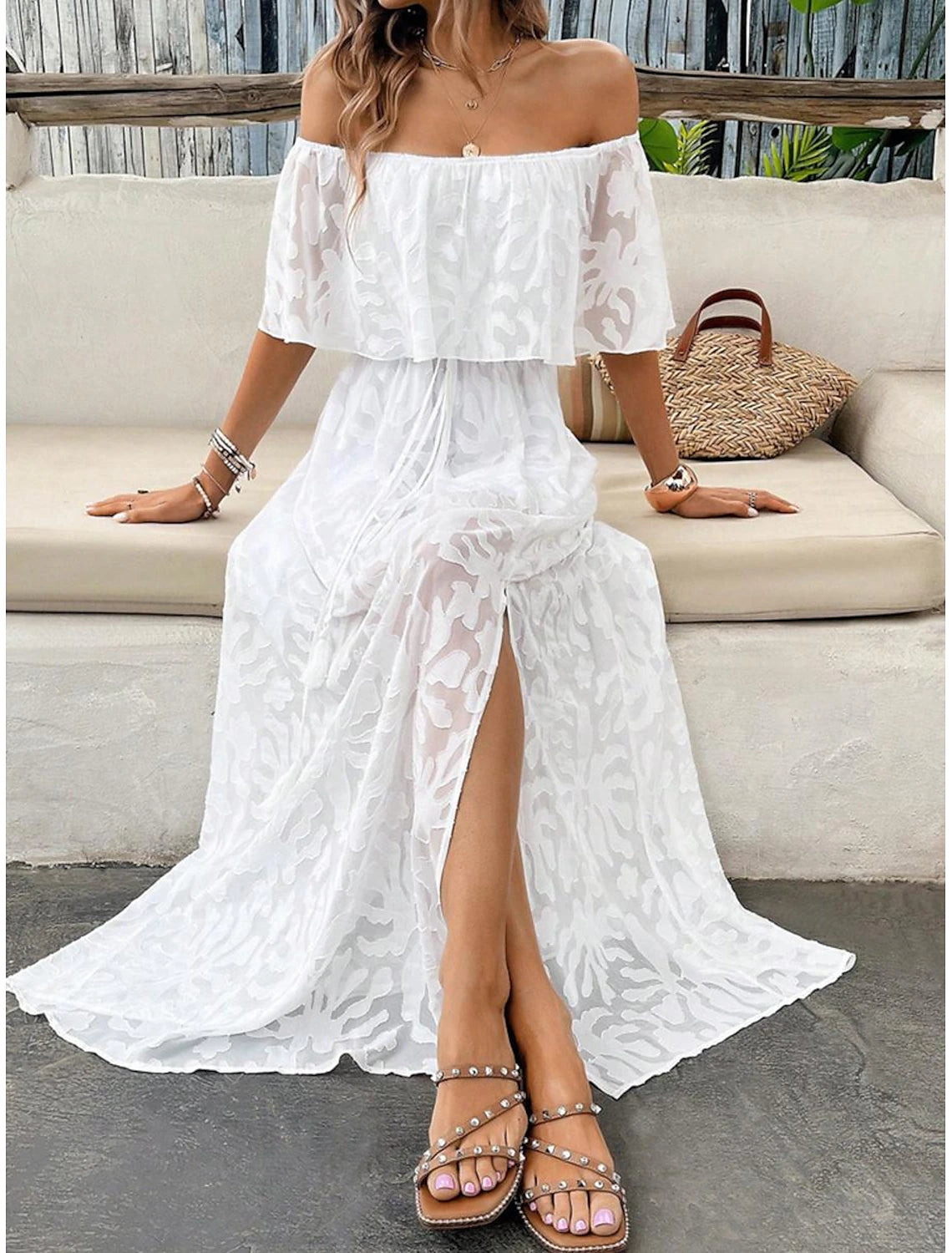 Women's Maxi Dress White Dress A Line Dress Elegant Ruffle Sleeve Wedding Guest Cocktail Party Loose Fit Solid Color Plain Short Sleeve Off Shoulder White Apricot Summer