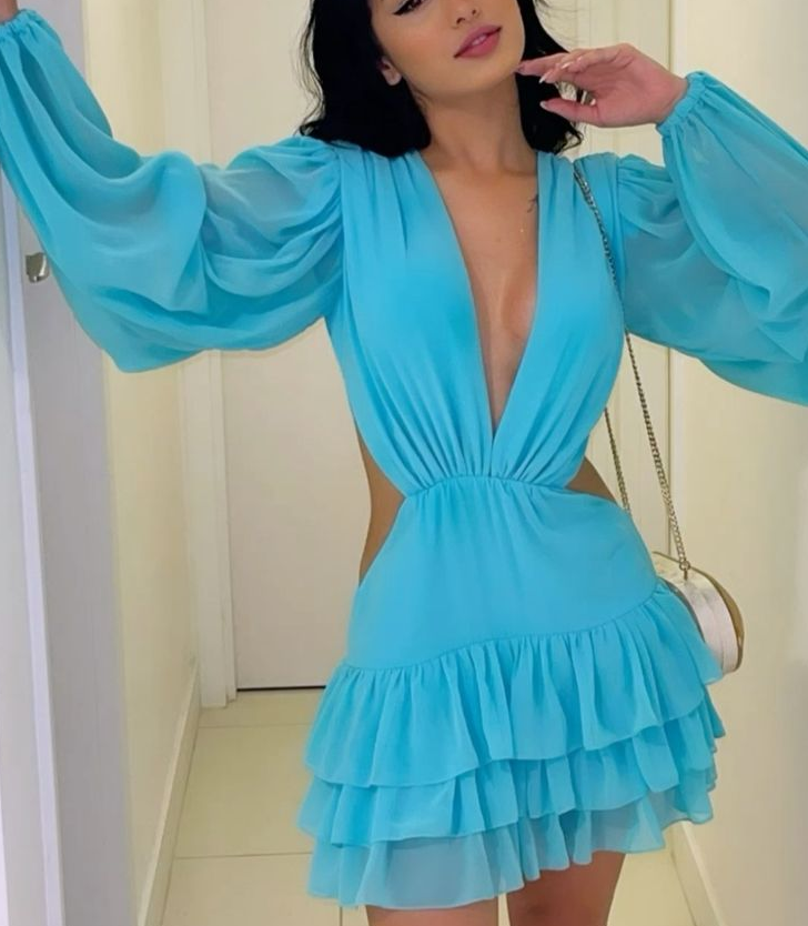 Fashion Long Sleeves Chiffon Dress Deep V Neck Short Prom Party Gown