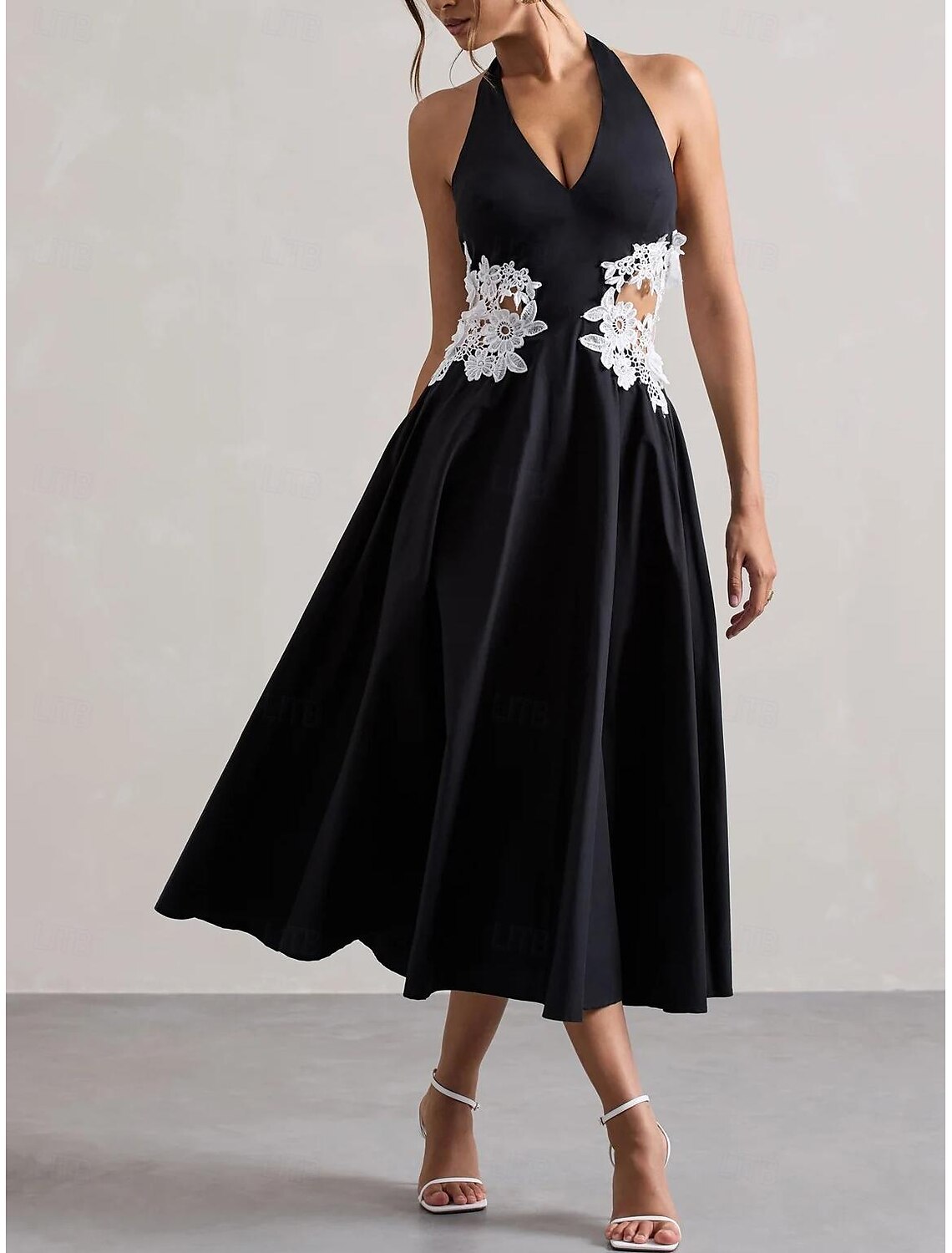 Black A-Line Wedding Guest Dresses Elegant Dress Formal Cocktail Party Tea Length Sleeveless Halter Neck Satin with Appliques