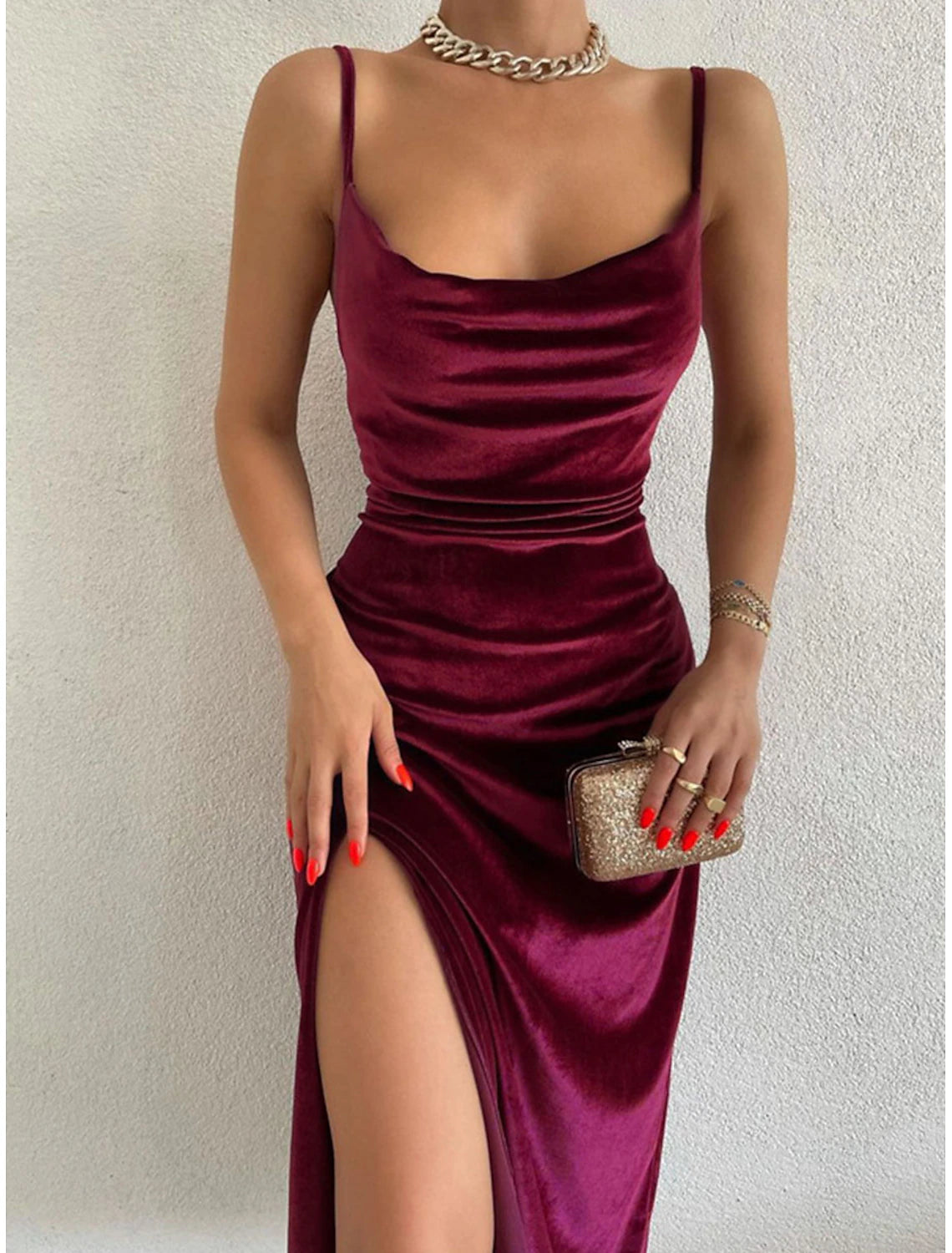 Women's Evening Gown Velvet Scoop Neck Maxi Dress with Side Slit Burgundy Sophisticated Party Formal Date Night Full Size Elegant Winter Fashion Clothing Apparel