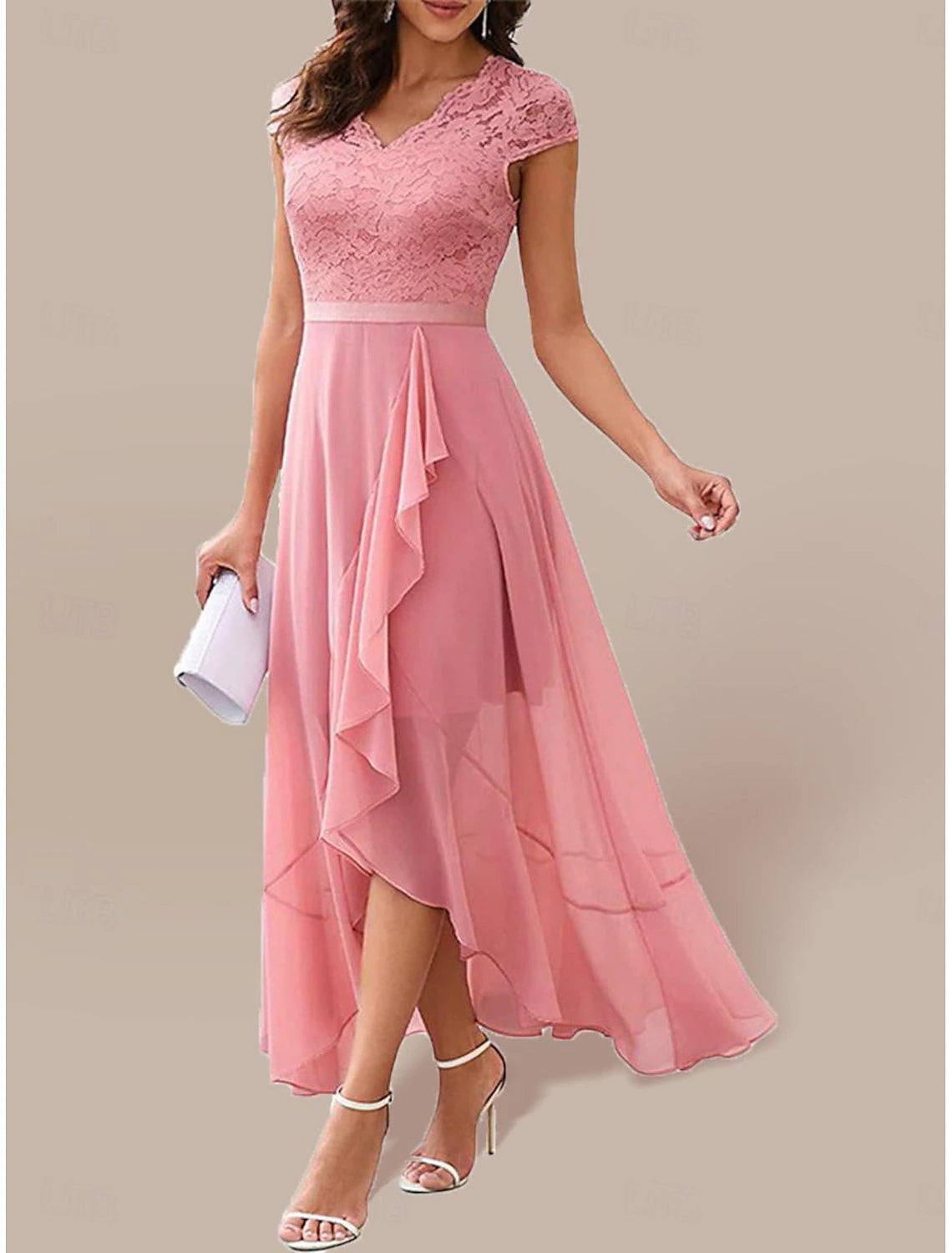 Women's Lace Dress Maxi Dress Lace Lace Ruffle Wedding Guest Cocktail Party Elegant Formal V Neck Sleeveless Black Pink Wine Color