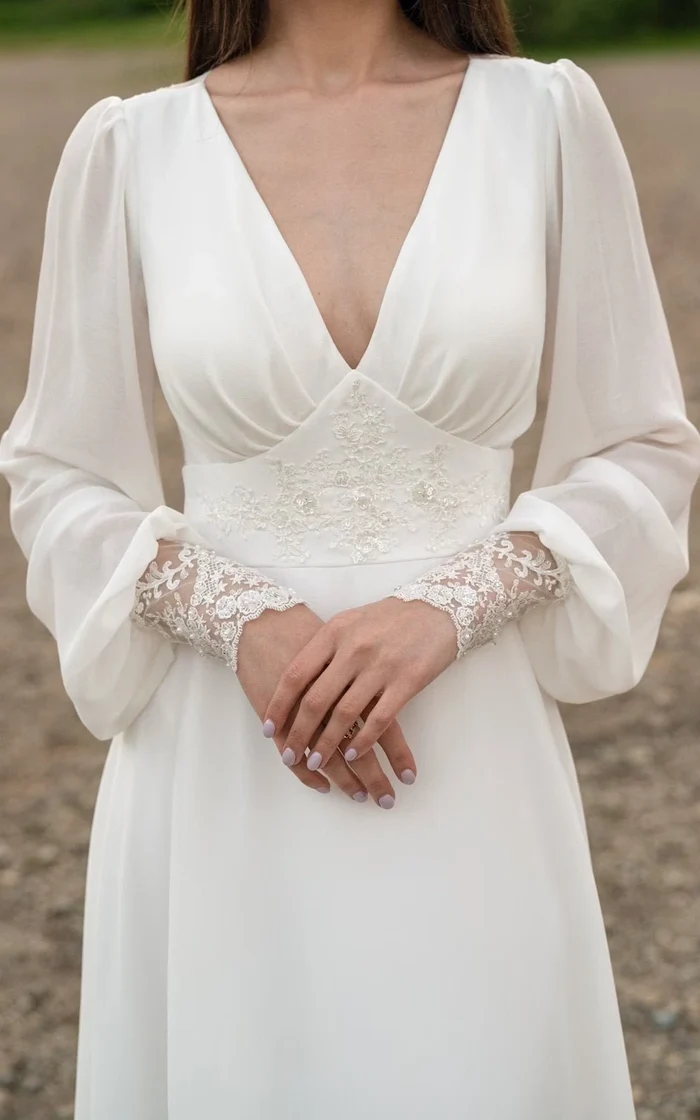 wedding dress long-sleeve button back long train gown lace & chiffon Wedding Dresses