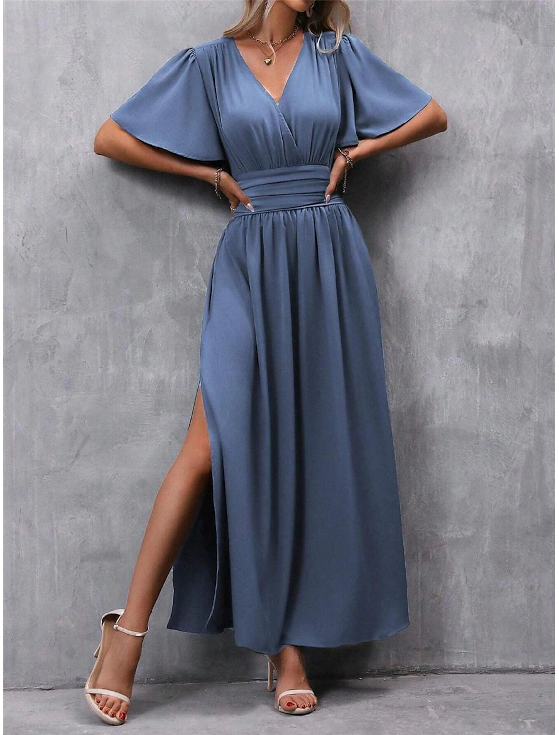 Women's Summer Dress Maxi Dress Split High Waist Wedding Party Elegant Formal V Neck Short Sleeve Blue Color