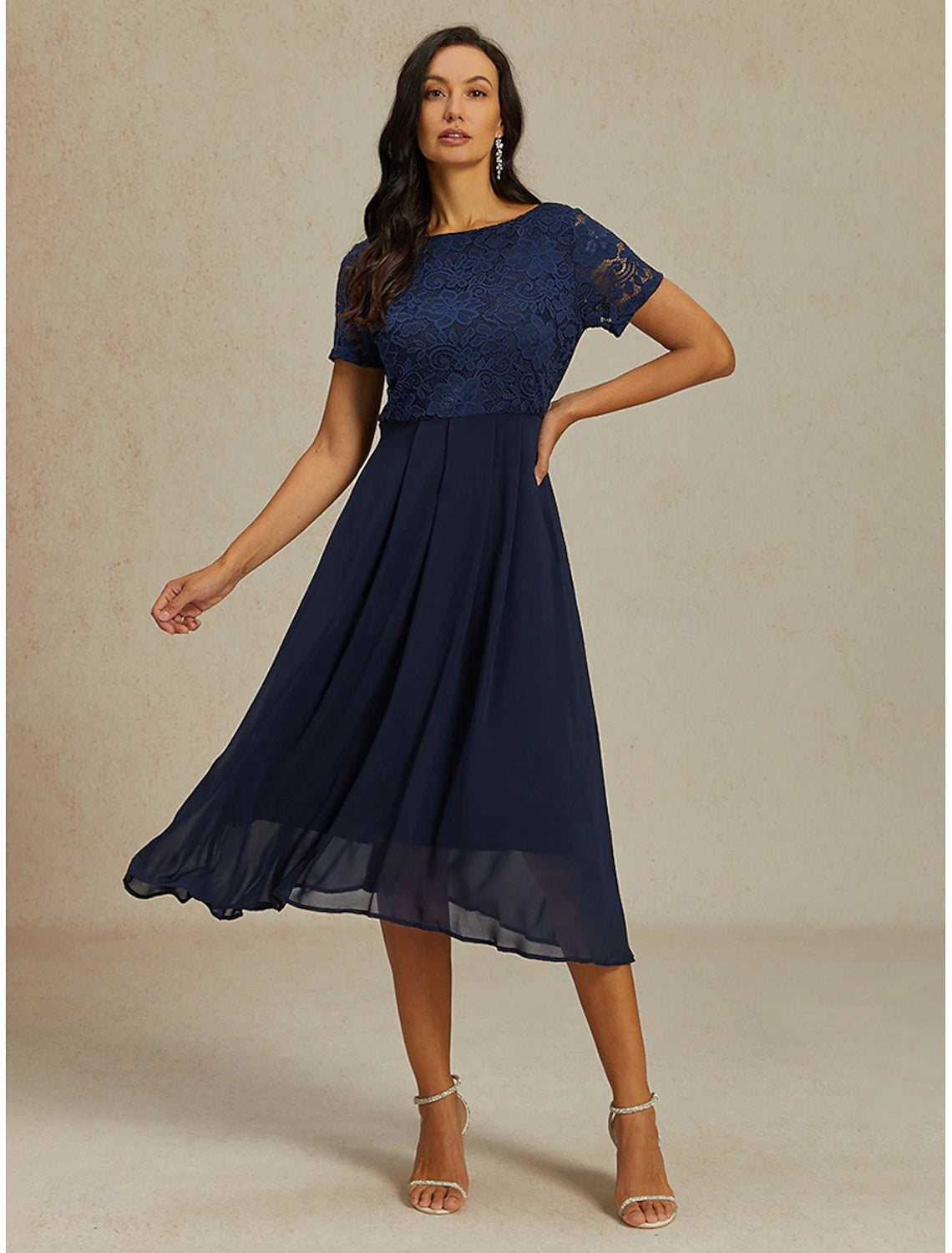 Women's Wedding Guest Cocktail Dress Chiffon Contrast Lace Ruffle Hem Elegant Formal Midi A Line Dress Crew Neck Short Sleeve Dark Blue Color