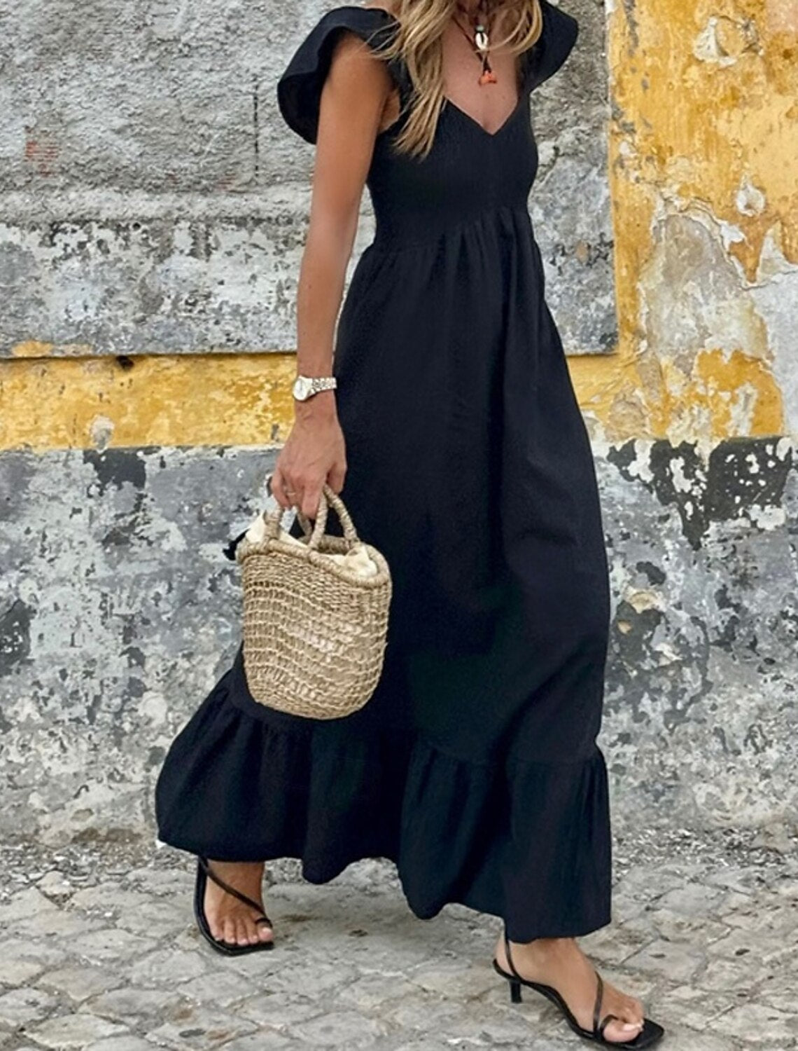 Women's Long Dress Maxi Dress Casual Dress Swing Dress Boho Dress Fashion Outdoor Party Holiday Regular Fit Plain Sleeveless V Neck Black Summer
