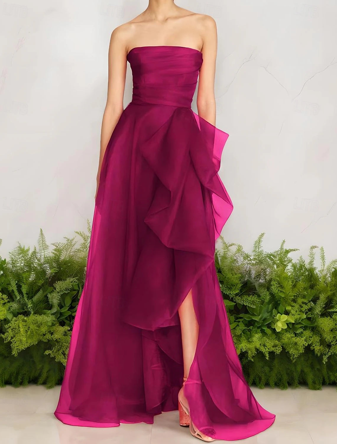 A-Line Evening Gown Celebrity Style Dress Formal Wedding Guest Floor Length Sleeveless One Shoulder Organza with Ruched Ruffles Slit