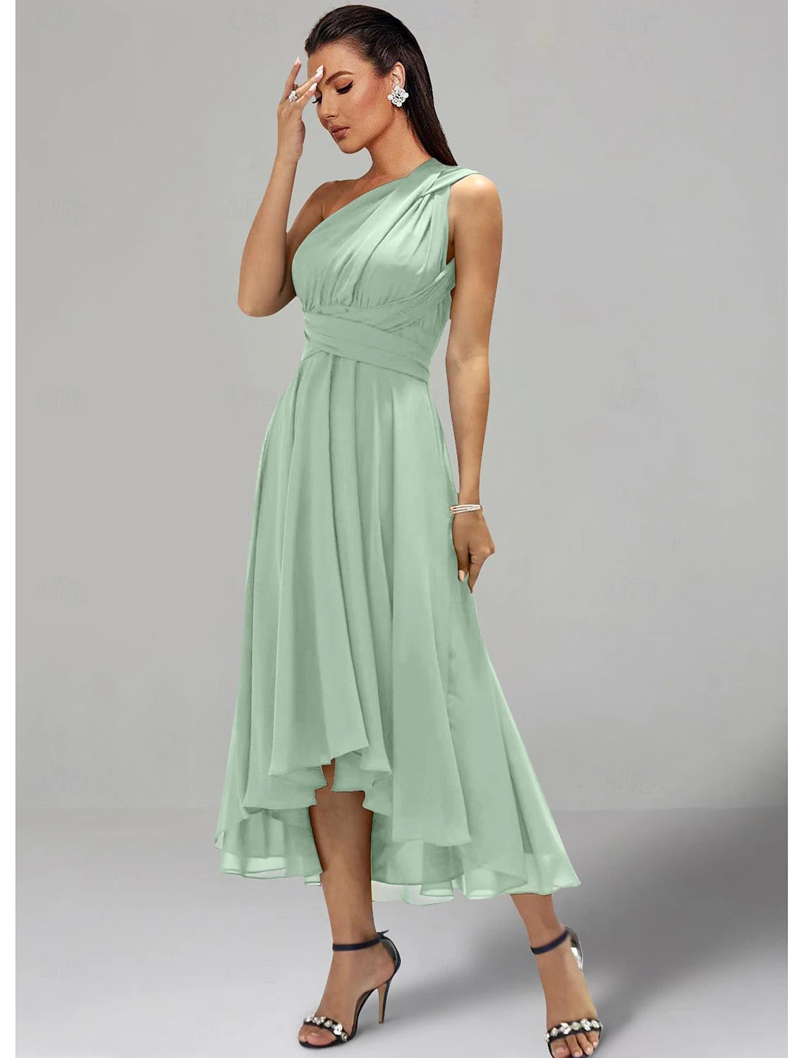A-Line Wedding Guest Dresses Elegant Dress Formal Wedding Party Tea Length Sleeveless One Shoulder Fall Wedding Guest Chiffon with Ruched