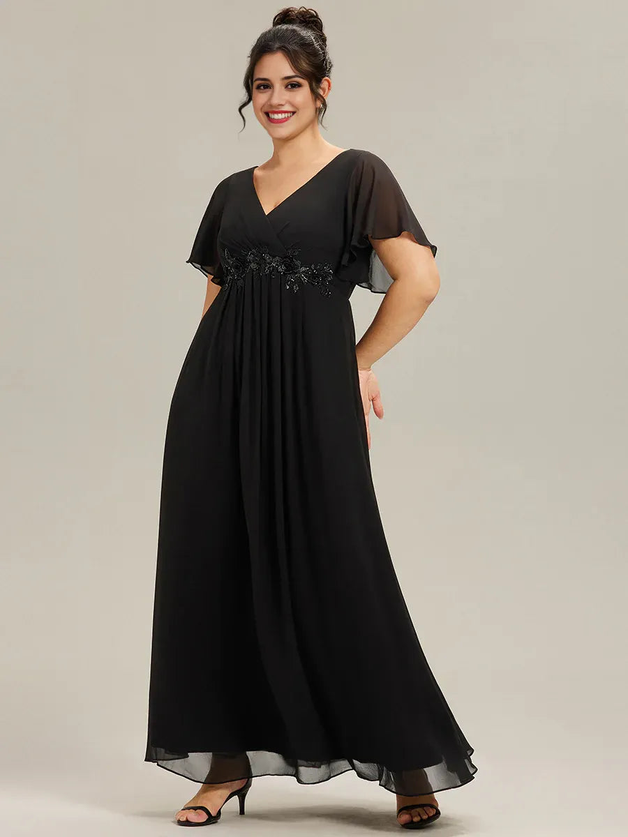 Elegant Black A-Line V -Neck Flutter Sleeve Floral Lace Applique Chiffon Floor-Length Plus-Size Prom Dresses