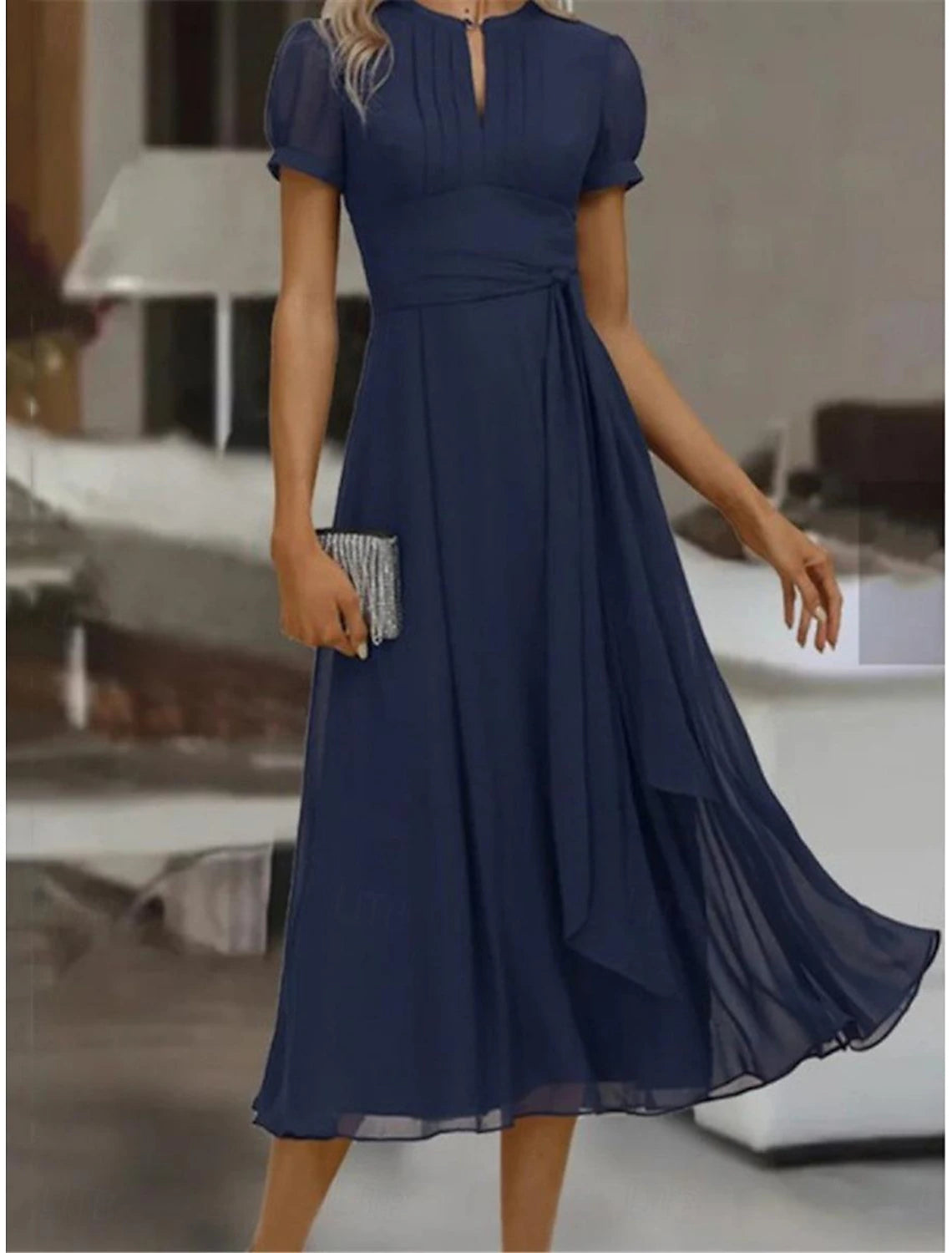 Women's Chiffon Dress Maxi Dress Ruffle Wedding Guest Cocktail Party Elegant Formal V Neck Short Sleeve Blue Color