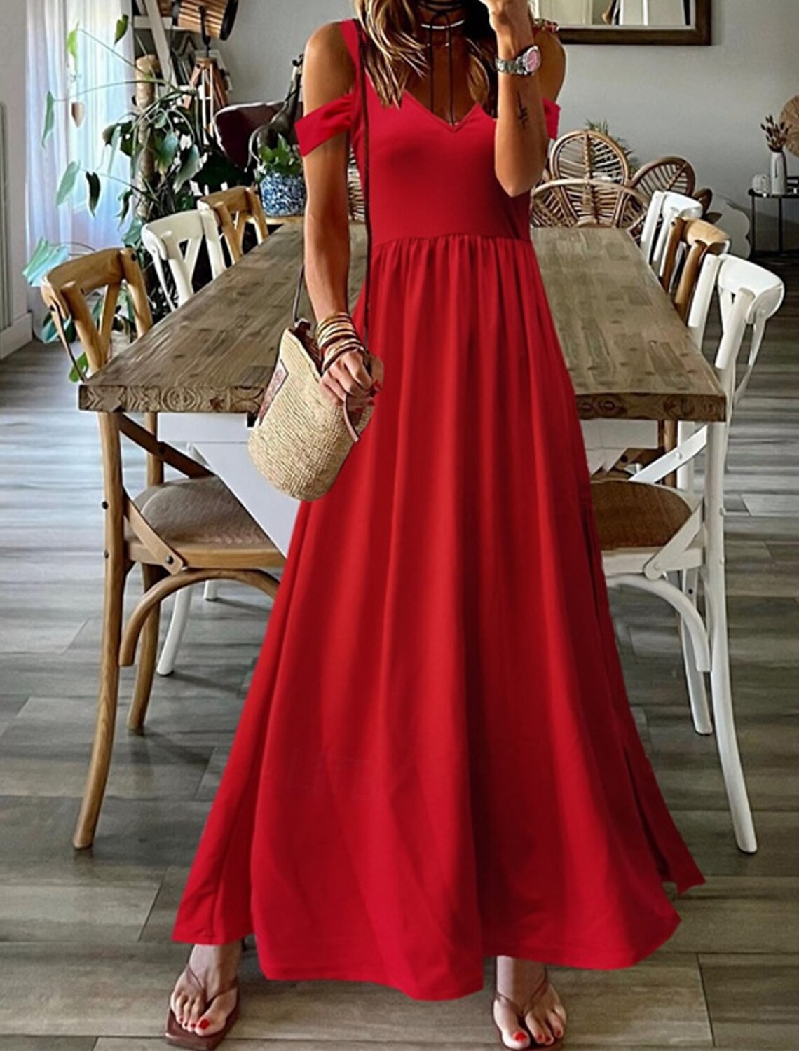 Women's Long Dress Maxi Dress Casual Dress Swing Dress Fashion Outdoor Party Holiday Regular Fit Plain Sleeveless V Neck Black Red Green Summer