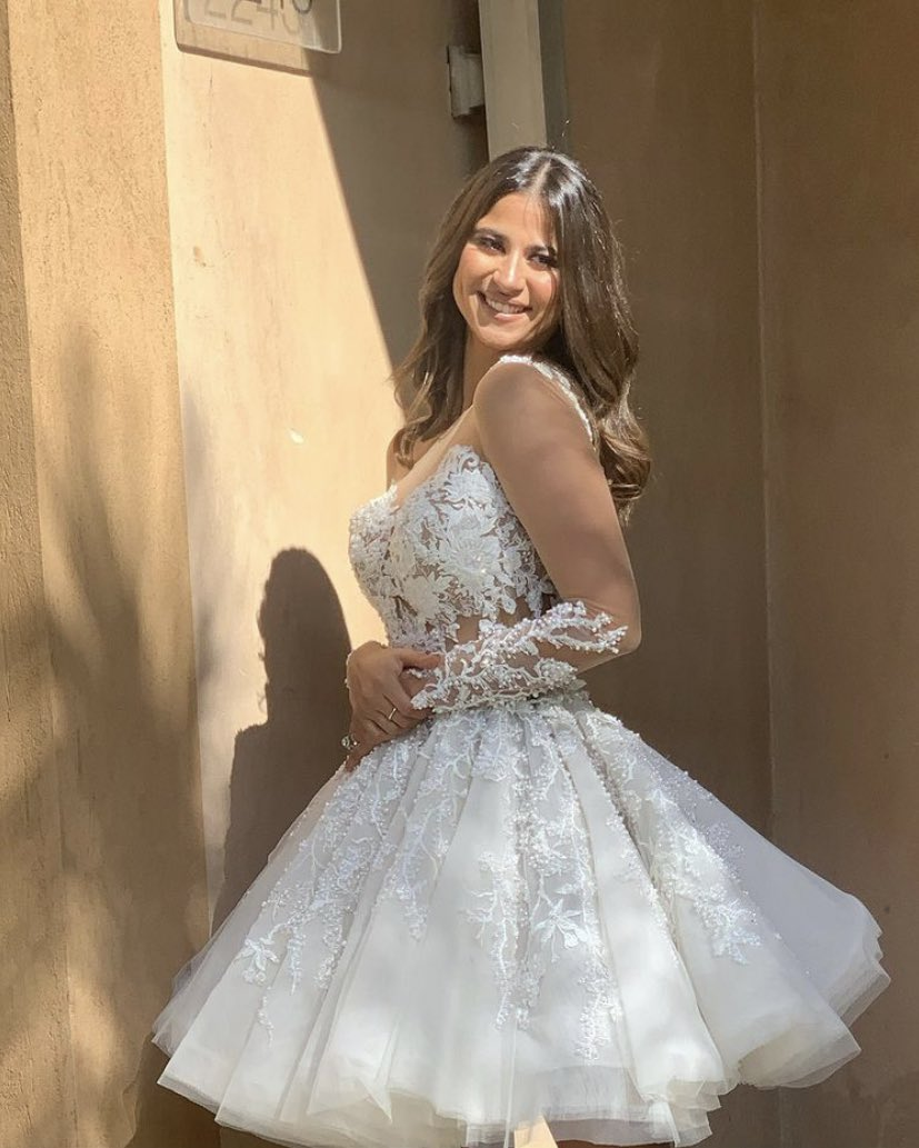 A Line Unique Short Wedding Dress with Lace Appliques
