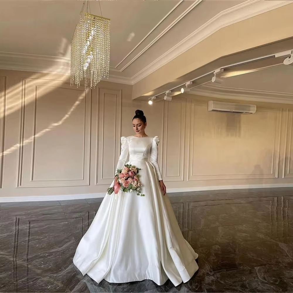 Simple wedding dress with sleeves satin ball gown