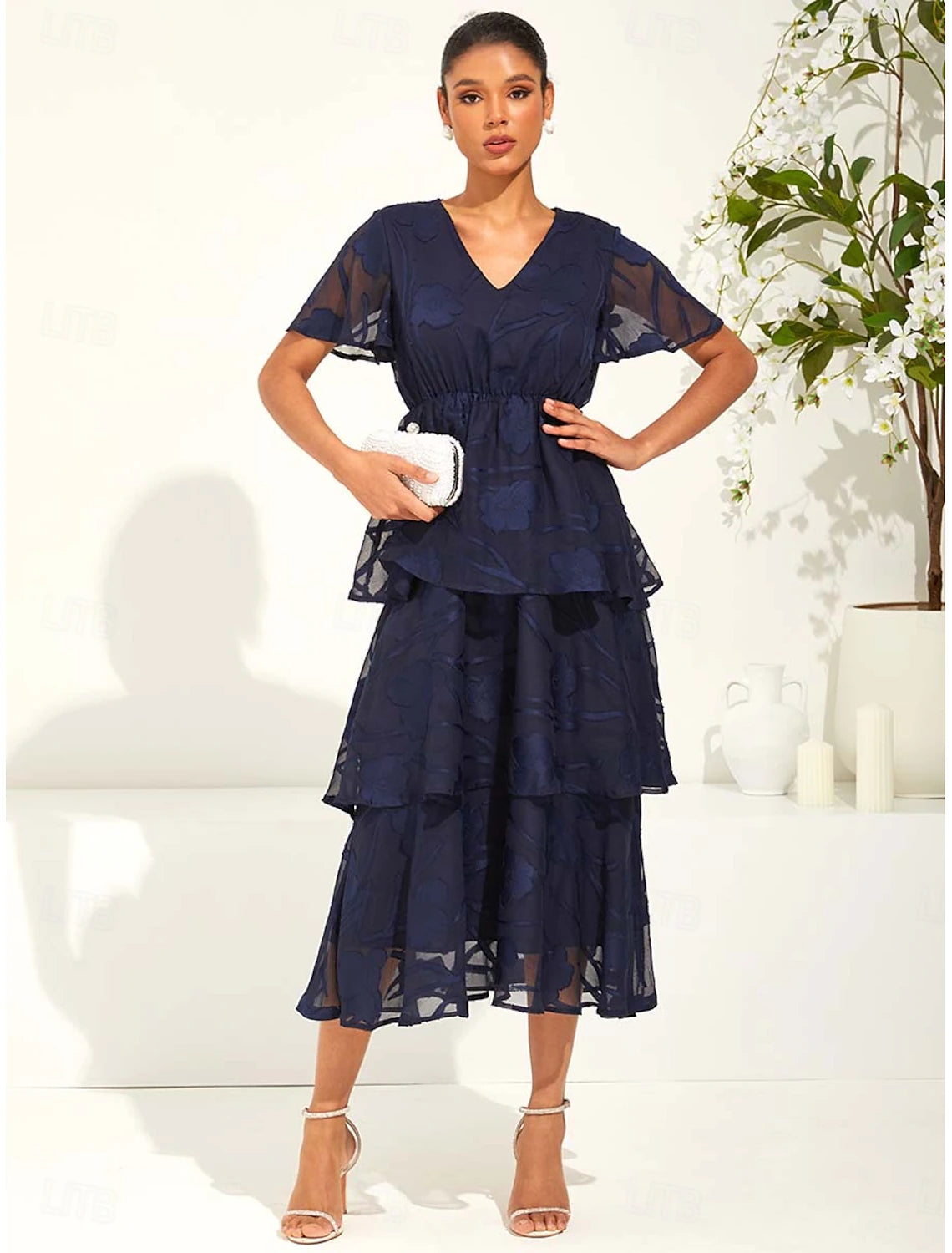 Women's Maxi Dress A Line Dress Elegant Formal Flutter Sleeve Wedding Guest Cocktail Party Regular Fit Plain Short Sleeve V Neck Dark Blue Summer