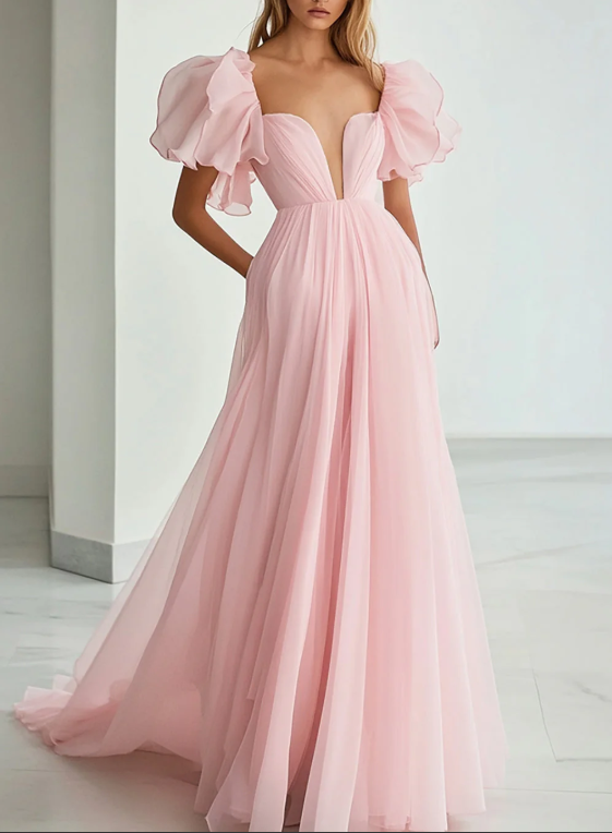 Pink V-Neck A Line Long Formal Dress with Sleeves