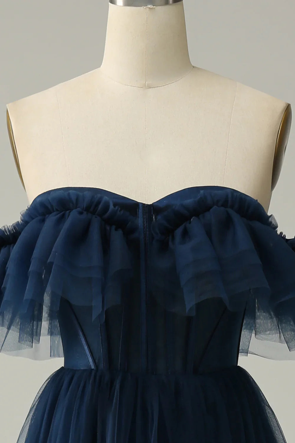 DingJiDress A-Line Off the Shoulder Sweetheart Tulle Navy Long Prom Dress