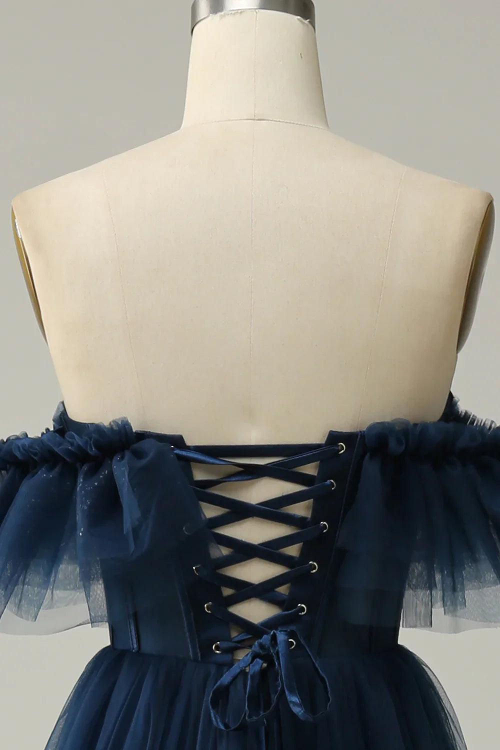 DingJiDress A-Line Off the Shoulder Sweetheart Tulle Navy Long Prom Dress