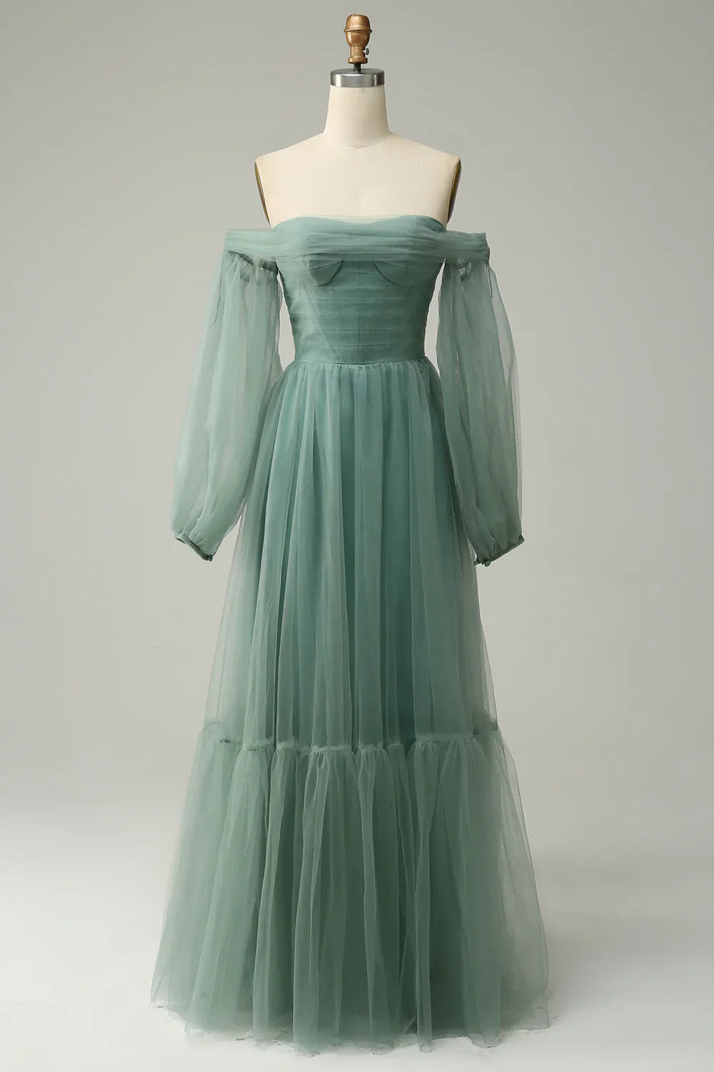 DingJiDress Off The Shoulder Grey Green A-Line Tull Prom Dress With Long Sleeves