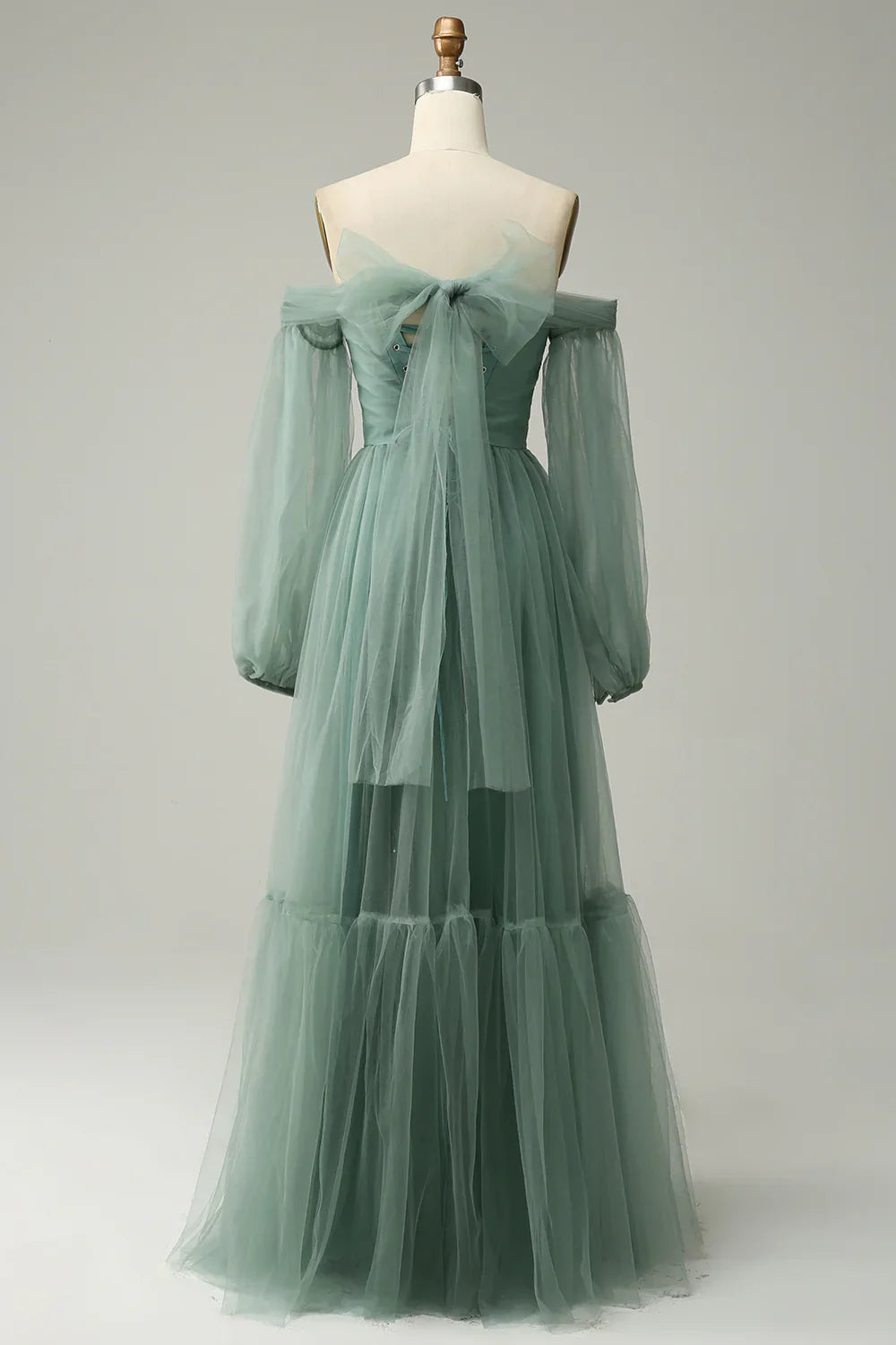 DingJiDress Off The Shoulder Grey Green A-Line Tull Prom Dress With Long Sleeves