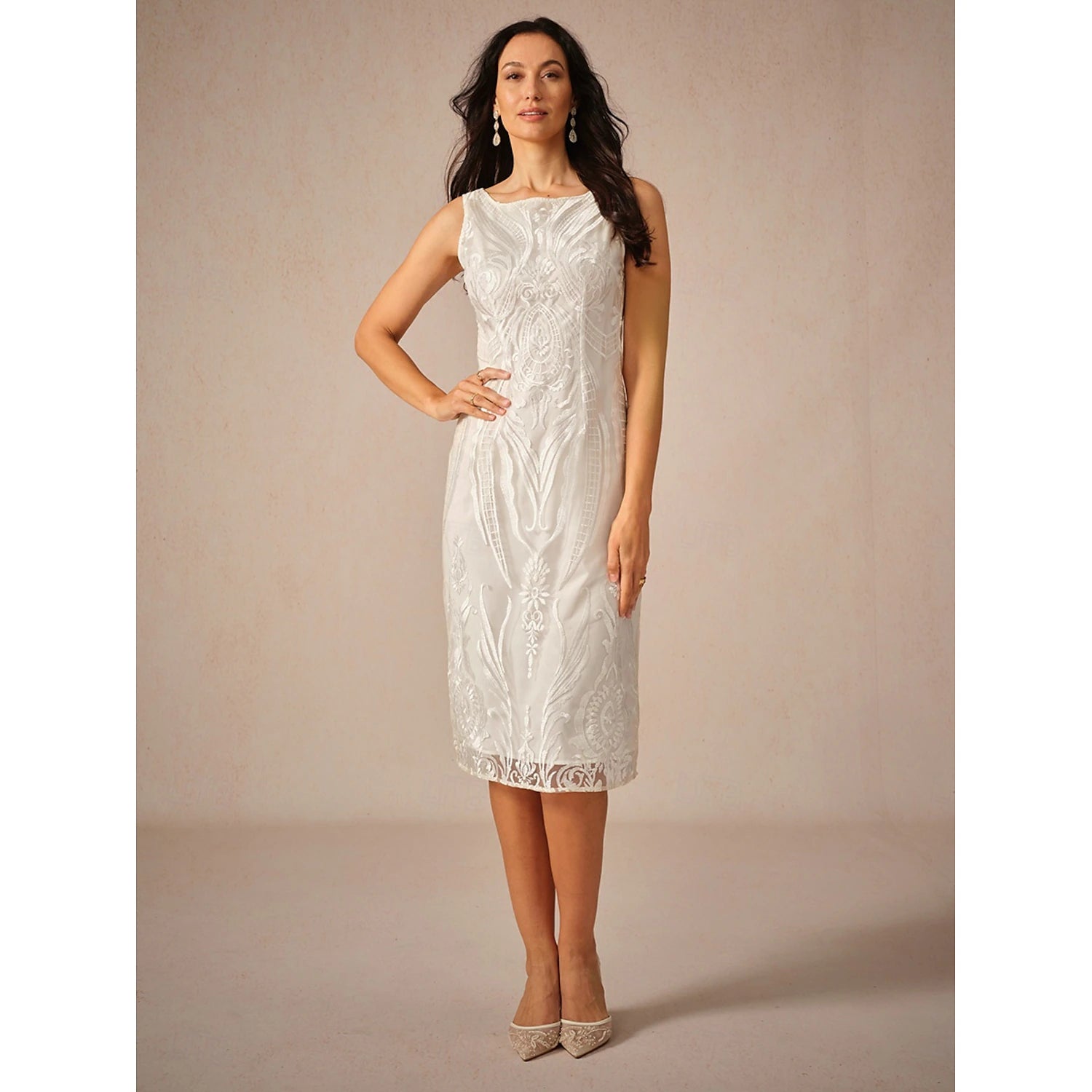 Women's Wedding Guest Cocktail Dress Chiffon Lace Dress Elegant Midi Dress Crew Neck Half Sleeve Green Color