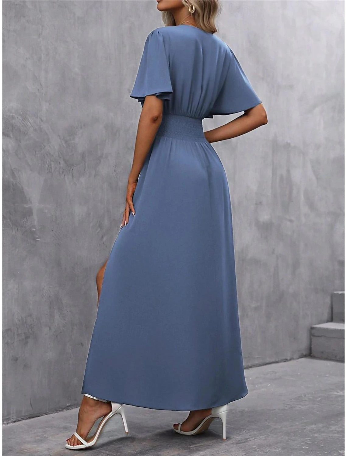 Women's Summer Dress Maxi Dress Split High Waist Wedding Party Elegant Formal V Neck Short Sleeve Blue Color