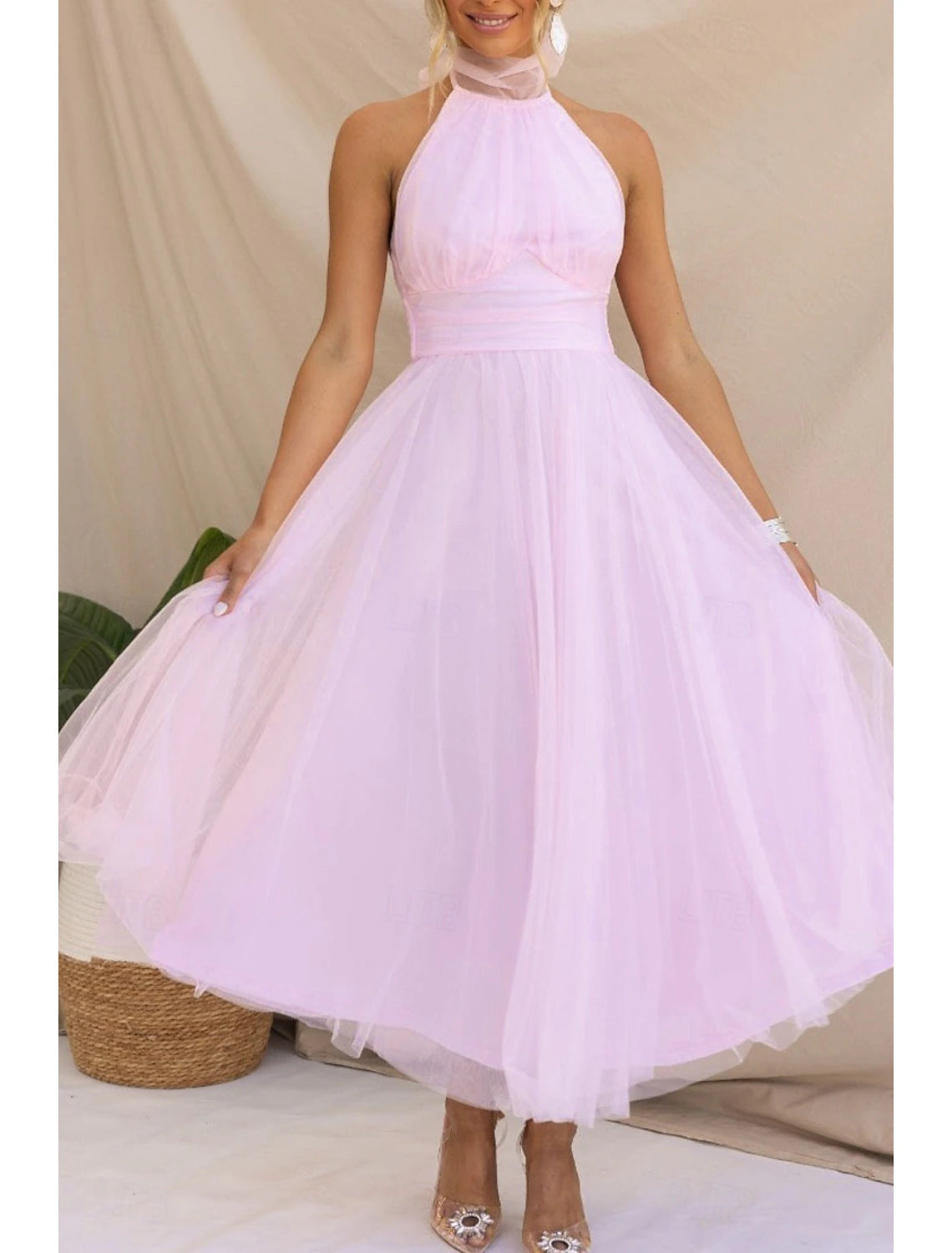 Women's Midi Dress Cocktail Dress Halter Neck Dress Elegant Fashion Party Birthday Tea Party Regular Fit Plain Sleeveless Halter Neck White Pink Apricot Summer
