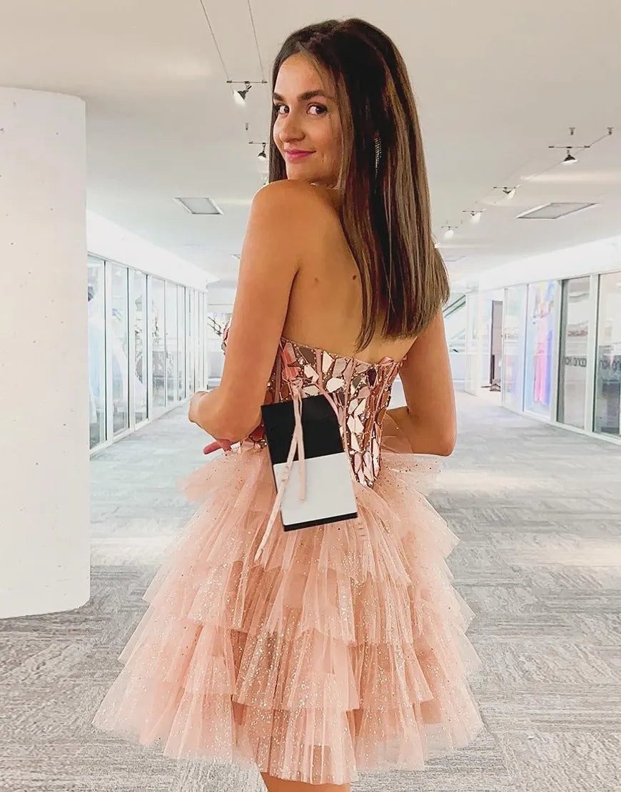 Champagne glitter A-line strapless backless lace multi-layer party dress