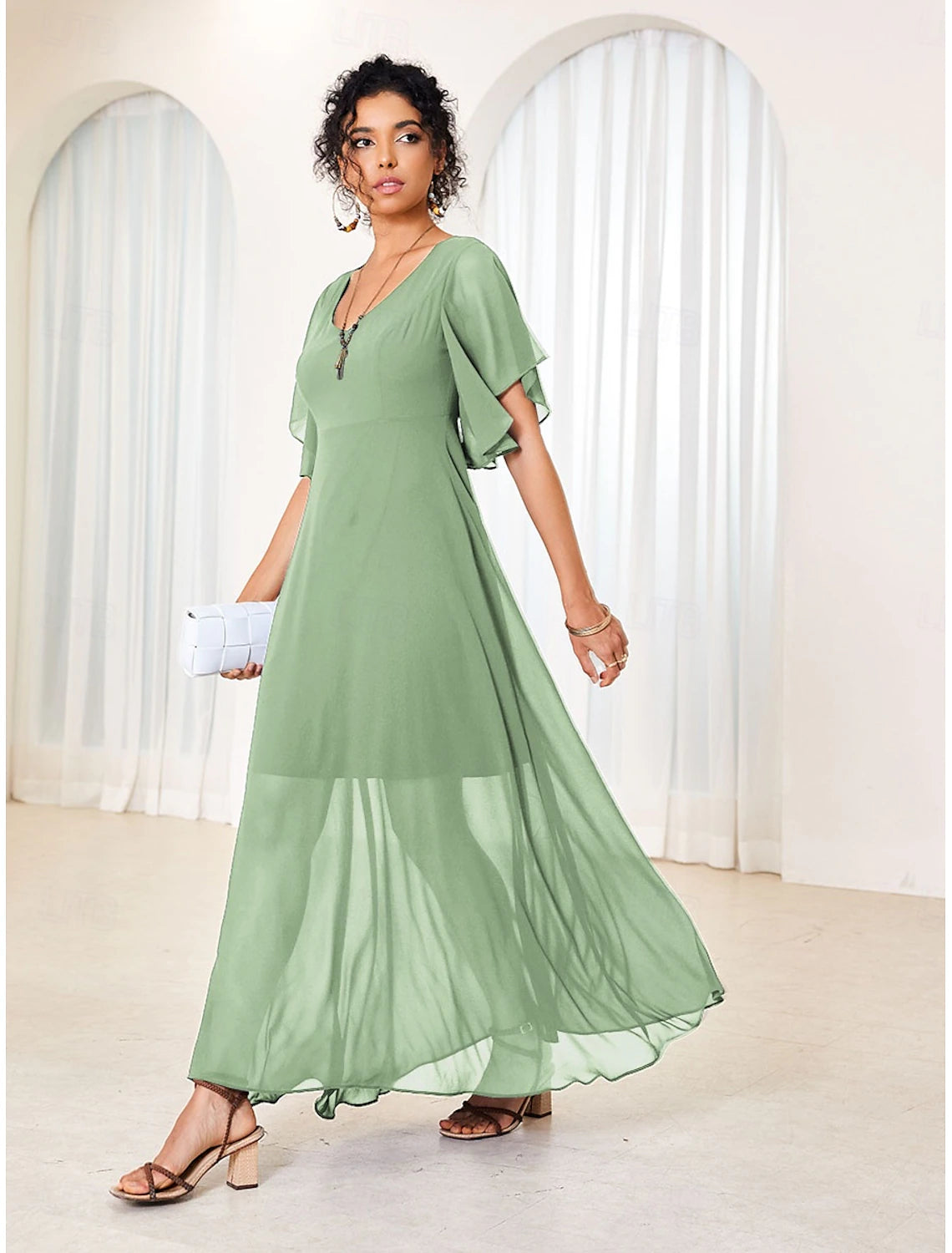 Women's Maxi Dress Elegant Flutter Sleeve Solid Blue Scoop Neck Cinched Waist Flowy Sheer Overlay Formal Event Party Summer