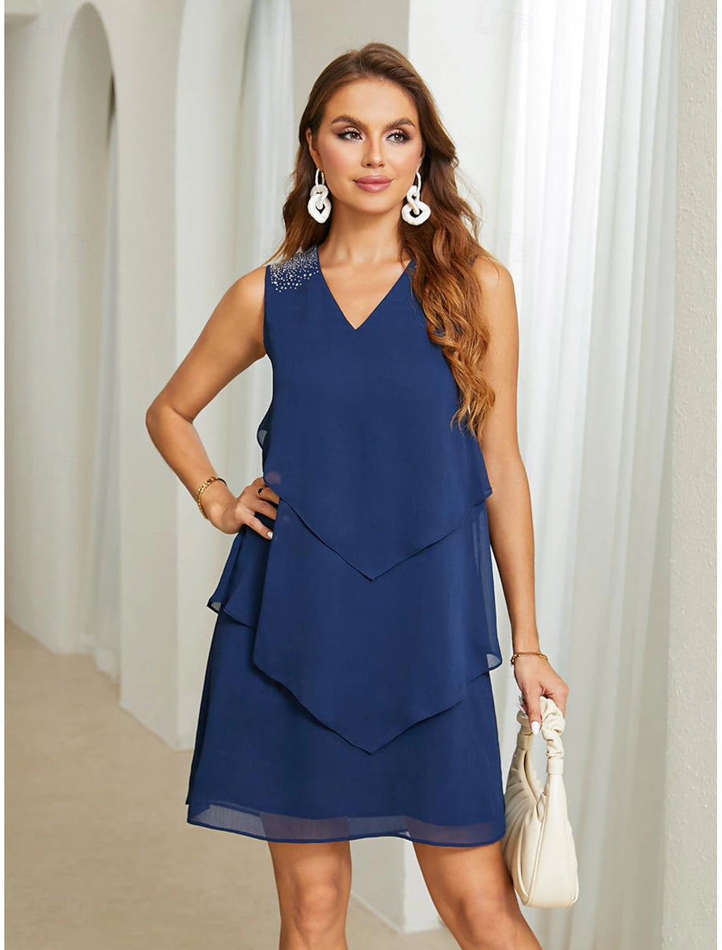 Women's Plus Size Wedding Guest Cocktail Dress Set Chiffon Ruffle Boat Neck Sleeveless Midi Dress Party Elegant Royal Blue Summer