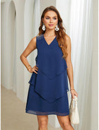 Women's Plus Size Wedding Guest Cocktail Dress Set Chiffon Ruffle Boat Neck Sleeveless Midi Dress Party Elegant Royal Blue Summer