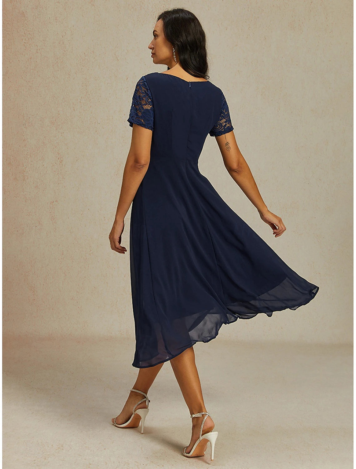 Women's Wedding Guest Cocktail Dress Chiffon Contrast Lace Ruffle Hem Elegant Formal Midi A Line Dress Crew Neck Short Sleeve Dark Blue Color