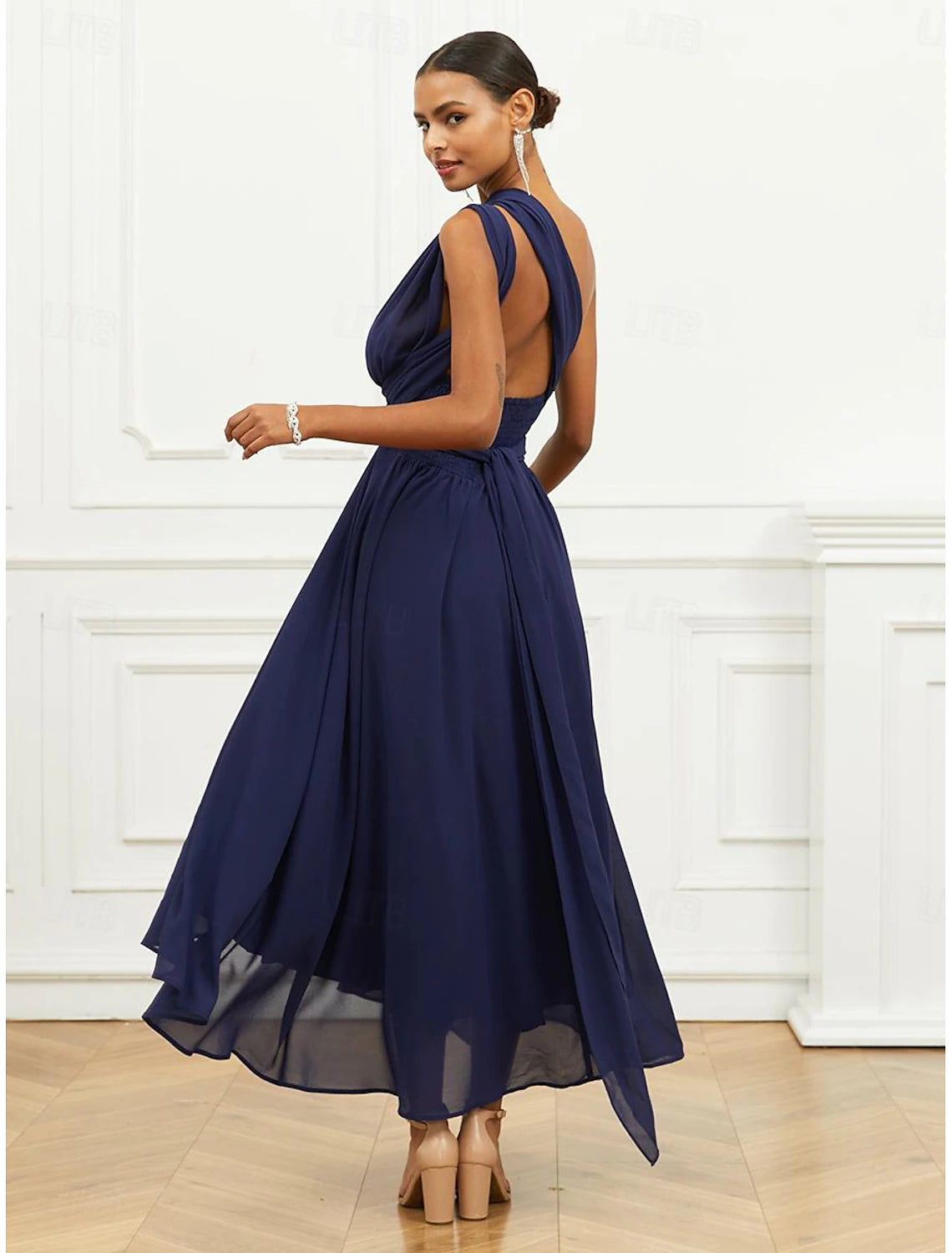 Women's Wedding Guest Cocktail Dress A Line Midi Chiffon Ruched Belted Elegant Formal One Shoulder Sleeveless Dress Navy Blue Color