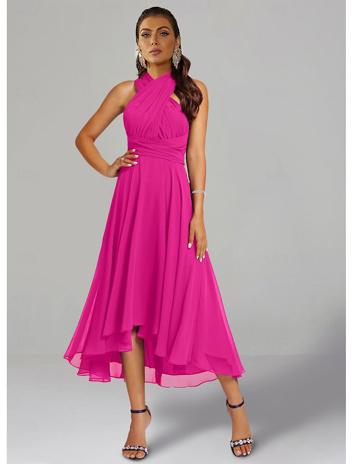 A-Line Wedding Guest Dresses Elegant Dress Formal Wedding Party Tea Length Sleeveless One Shoulder Fall Wedding Guest Chiffon with Ruched