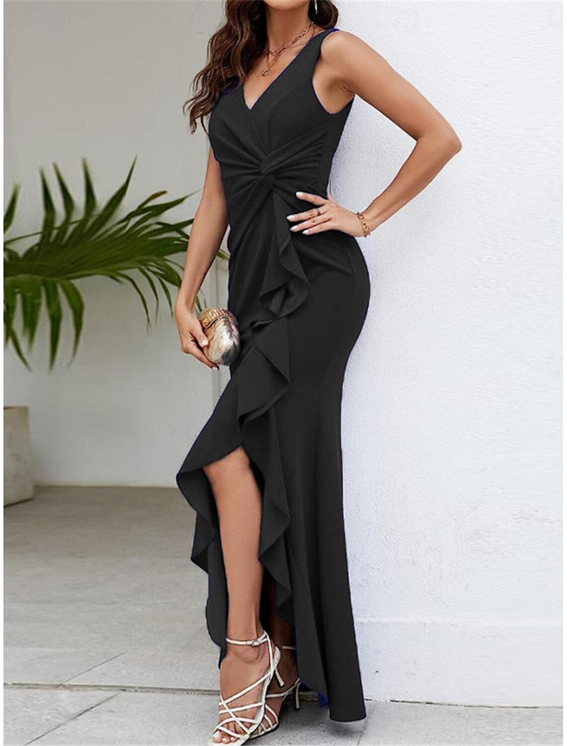 Women's Bodycon Maxi Dress Ruffle Split Cocktail Party Elegant Formal V Neck Sleeveless Black Wine Navy Blue Color