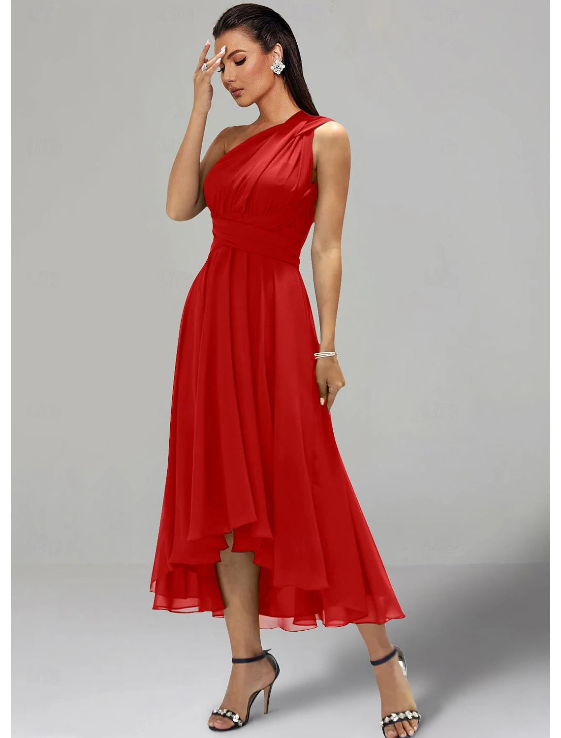 A-Line Wedding Guest Dresses Elegant Dress Formal Wedding Party Tea Length Sleeveless One Shoulder Fall Wedding Guest Chiffon with Ruched