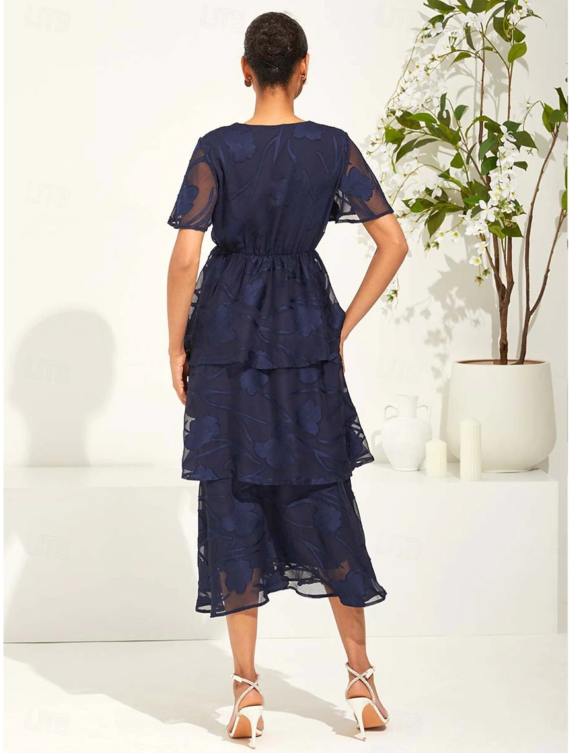Women's Maxi Dress A Line Dress Elegant Formal Flutter Sleeve Wedding Guest Cocktail Party Regular Fit Plain Short Sleeve V Neck Dark Blue Summer