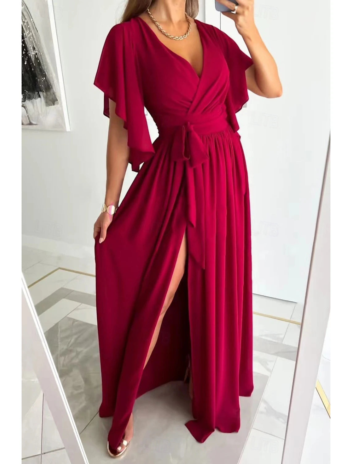 Women's Long Dress Maxi Dress Formal Dress Fashion Flare Cuff Sleeve Party Date Regular Fit Plain Short Sleeve V Neck Black Red Blue Khaki Summer